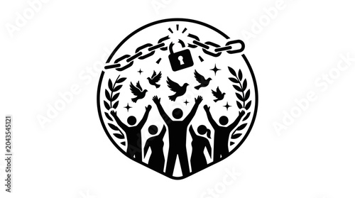 Tableau sur toile A symbolic illustration of human liberation featuring people celebrating freedom with birds and broken chains