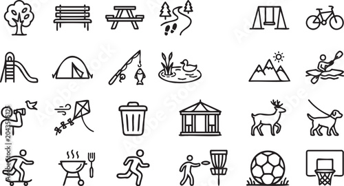 Fotografi Simple black and white vector illustration set containing various outdoor park a