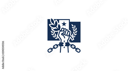 Tableau sur toile A graphic illustration of a raised fist breaking chains with a laurel branch and star