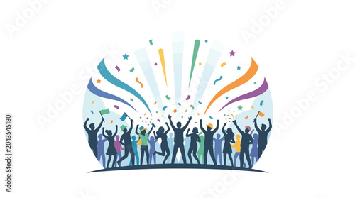 Canvastavla A diverse group of people celebrating with raised arms and colorful confetti