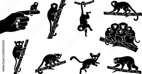 Canvas Print Monkey Climbing Tree Black Silhouette Set Vector Wildlife Nature Illustration Cl
