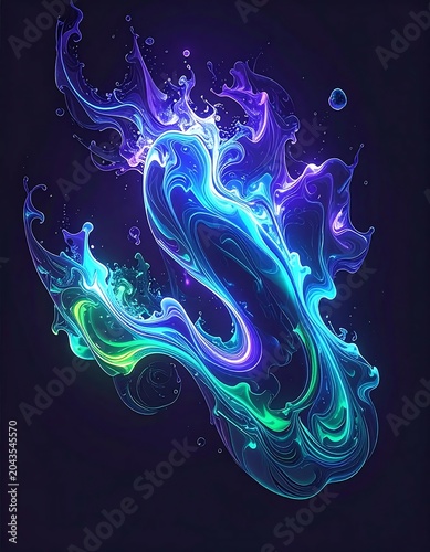 Vibrant Abstract Fluid Swirls Flowing in Dark Cosmic Background