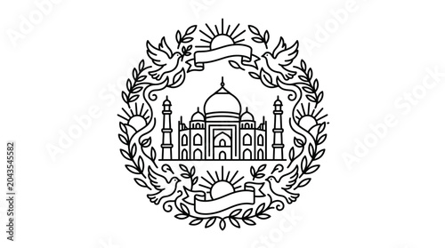 Tableau sur toile Line art illustration of the Taj Mahal framed by doves and floral wreaths