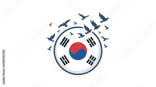 Cuadro en lienzo South Korean flag emblem surrounded by a flock of flying birds.