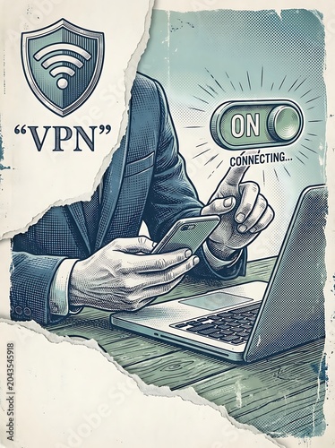 Vintage Illustrated VPN Connection Concept with Smartphone and Laptop