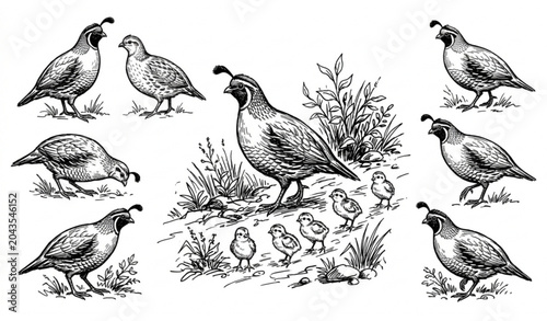 Vintage engraving of bobwhite quail family in natural habitat