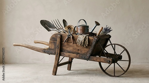 Vintage wooden wheelbarrow filled with rustic gardening tools and lavender