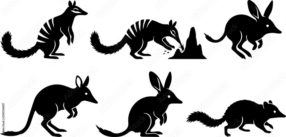 Obraz premium Exotic Wildlife Animal Black Silhouette Set Vector Nature Fox Rabbit Raccoon Illustration