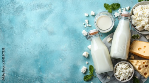 Fresh Dairy Products on Blue Background with Milk, Cheese, Cottage Cheese, and Mint Leaves for Healthy Eating