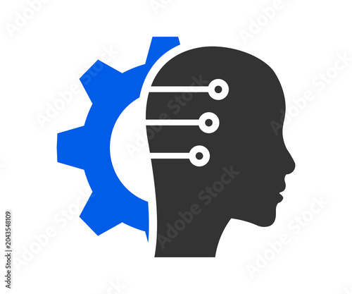 Artificial intelligence with gears and circuit board illustration on transparent background. 