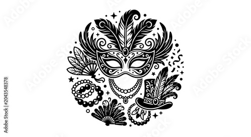 Foto Black and white illustration of a festive masquerade mask with carnival accessories