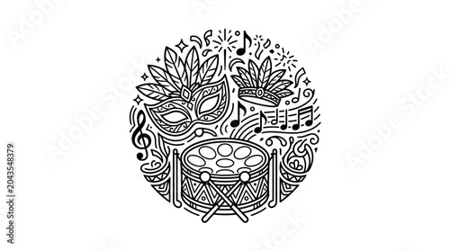 Photos Black and white line art illustration of a Caribbean carnival steel drum and mask