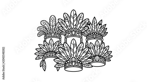 Bild auf Leinwand A collection of five detailed carnival feather headdresses in black and white line art