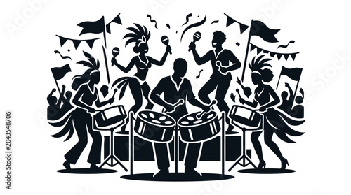 Canvastavla A lively group of carnival performers dancing and playing drums in a festive celebration