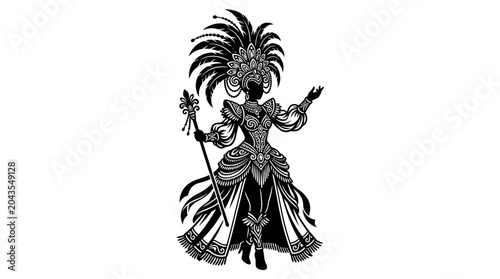 Schilderij op canvas A detailed black and white illustration of a carnival performer in an elaborate feathered costume