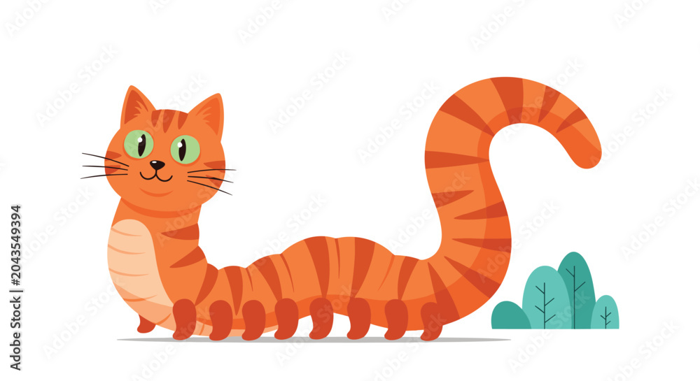Fototapeta premium Humorous cartoon illustration of a ginger tabby cat with an elongated caterpillar-like body standing in a grassy field.