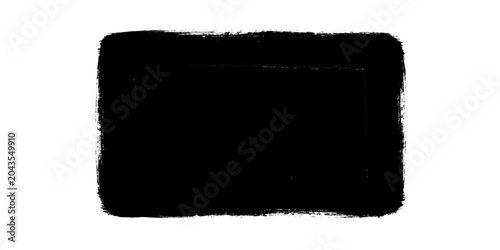 A black rectangle with fuzzy edges, set against a stark white background, creating a minimalist and abstract composition.