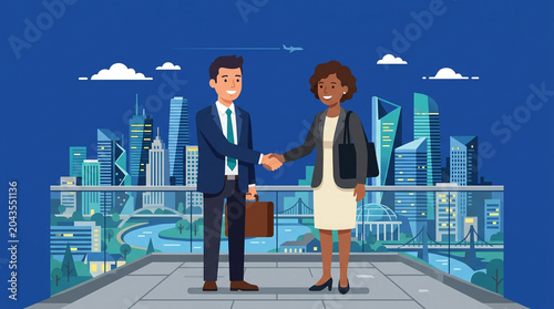 Business Partnership Handshake In Modern City Illustration