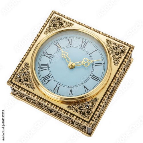 Ornate gold clock with light blue face
