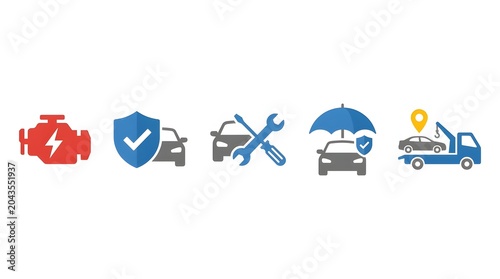 A collection of five distinct icons representing various aspects of automotive services and care.