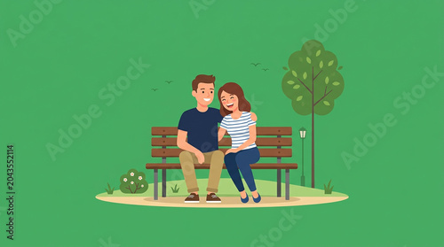 Happy Couple Sitting Together On Park Bench Illustration