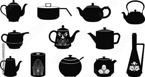 Φωτογραφία Set of black silhouettes of various teapots and kitchen kettles for brewing hot