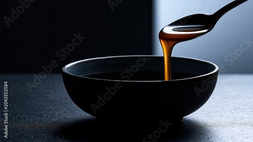 Thick, amber liquid drips from a spoon into a dark bowl