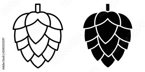 Hop cone icon in outline and solid fill styles on white background for brewing and beverage concepts