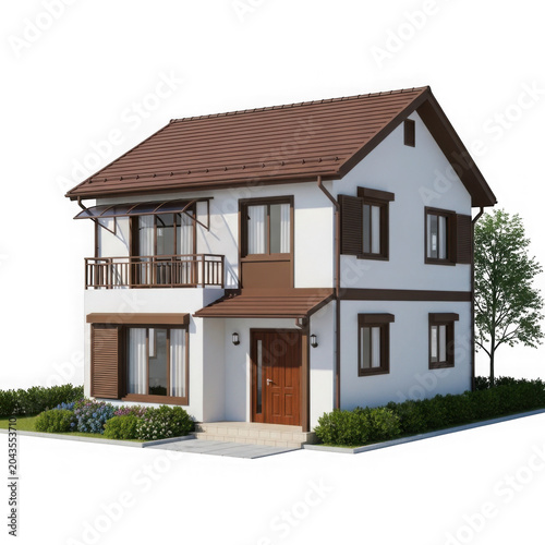 A white house with brown trim and a brown roof