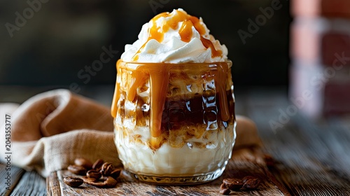 Indulgent layered coffee drink topped with whipped cream and caramel