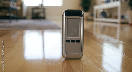 Sleek, silver device with a digital screen rests on a polished wooden floor