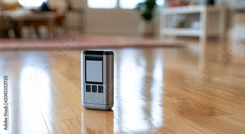 Sleek, modern device sits on a polished wooden floor with bokeh background