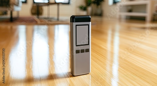 Sleek silver device with blank screen and buttons on polished wooden floor