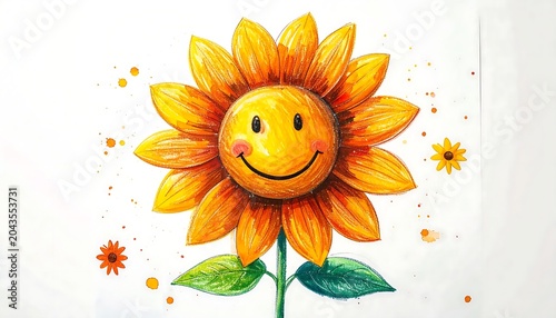Bright Smiling Sunflower Illustration Centered on White Background
