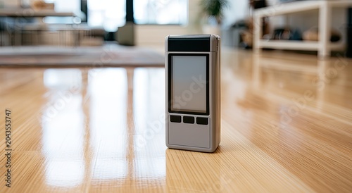 Sleek, rectangular device with a blank screen rests on polished wooden floor