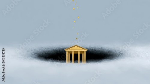 Golden neoclassical building in a dark hole, showered with gold