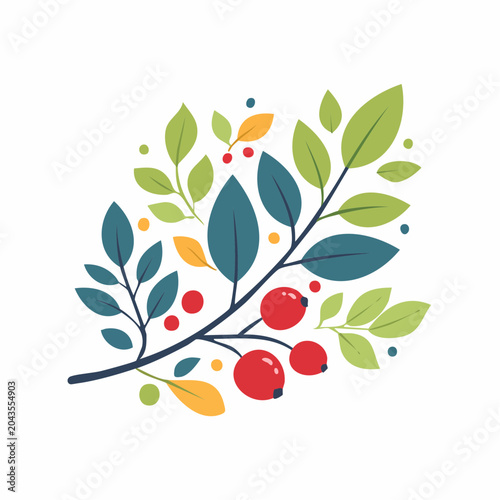Stylized Branch with Red Berries and Leaves