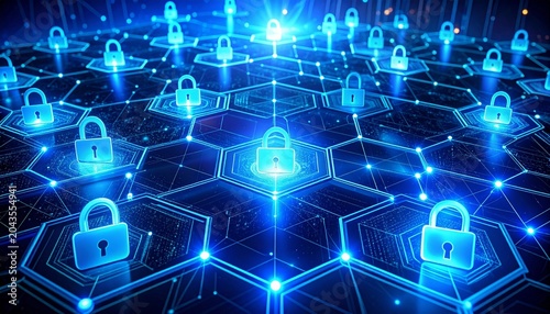Digital network grid with glowing blue padlock icons inside hexagons, symbolizing cybersecurity, encryption, and secure data communication across interconnected systems in futuristic design.