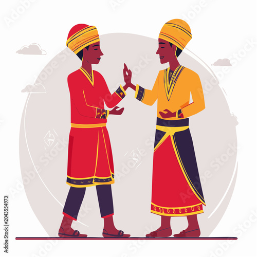Two men in traditional attire interacting