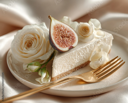 Wedding Season Soft Luxury Luxurious Dessert Presentation with Fresh Fig and White Roses on Elegant Satin