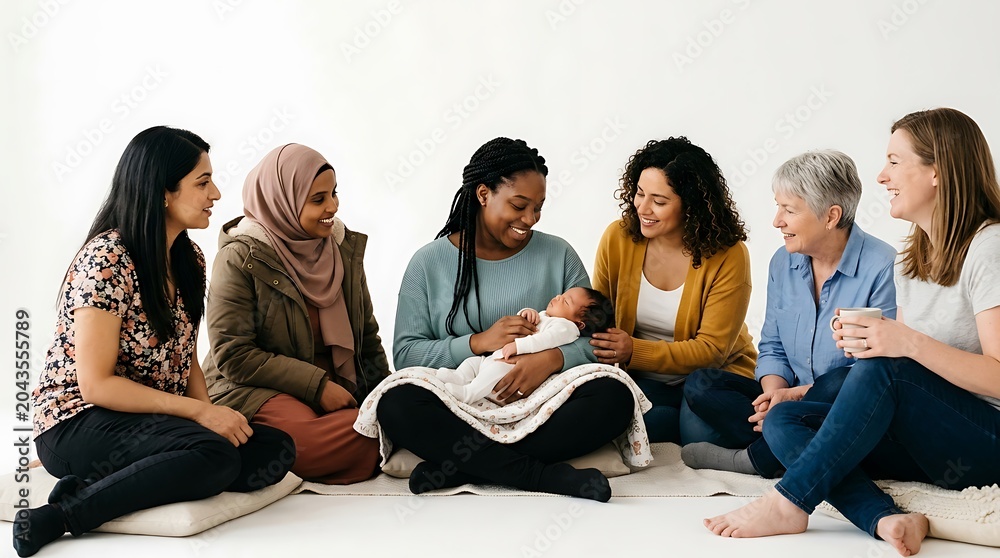 Fototapeta premium Diverse group of women supporting new mother with newborn baby