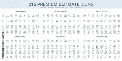 Foto Smart home, real estate and construction site, city buildings thin black line icons set vector illustration