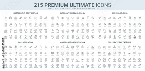 Business organization and structure, industry and agriculture equipment and machine, IT line icon set. Partnership and leadership, freelancer and team thin black outline symbols vector illustration