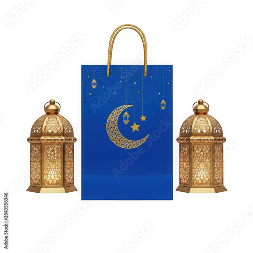 Blue gift bag with gold moon design between lanterns