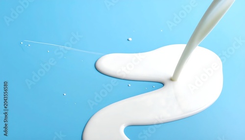 Smooth White Milk Pouring Onto Bright Blue Surface in Minimal Studio Setting