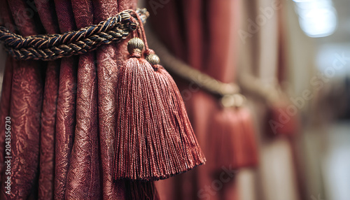 closeup of luxury tieback tassel curtain accessory with fringe at textile store