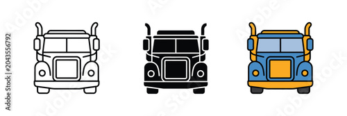 Tablou pe pânză Semi truck front view, front view of a heavy-duty semi truck trailer icon set fe