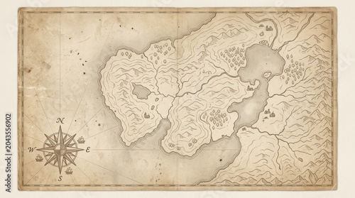 Antique cartography detailed hand drawn map of a fictional coastline with compass rose