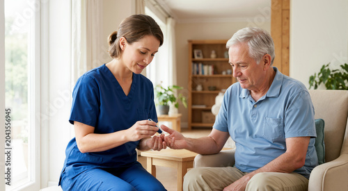 Female caregiver checking blood sugar of senior man at home. Nurse using glucometer for diabetic patient
