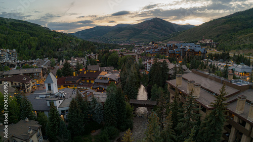 aerial view of Vail Colorado at sunset